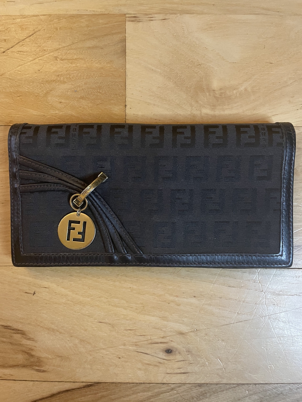Fendi FF Logo Jacquard Continental Wallet in Dark Brown with Gold Charm